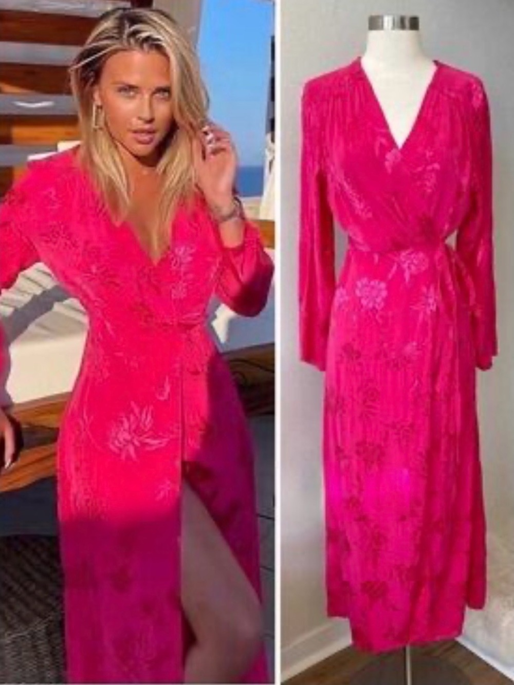 ZARA Jacquard Satin Wrap Kimono Style Maxi Dress XS Fuchsia Pink Floral